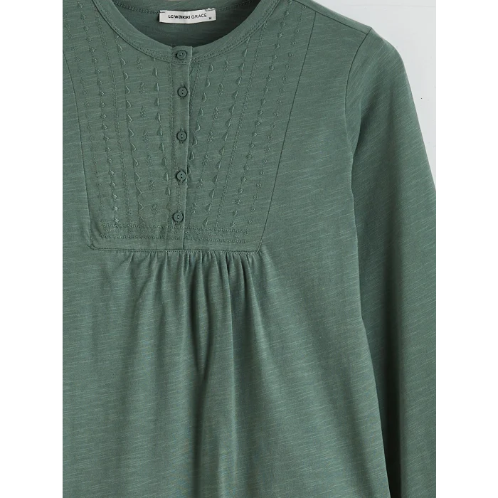 LCW Grace Yeşil Bisiklet Yaka Nakışlı Bluz