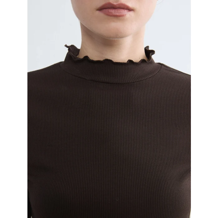 LCW Modest Kahverengi Fırfırlı Dik Yaka Kadın Body