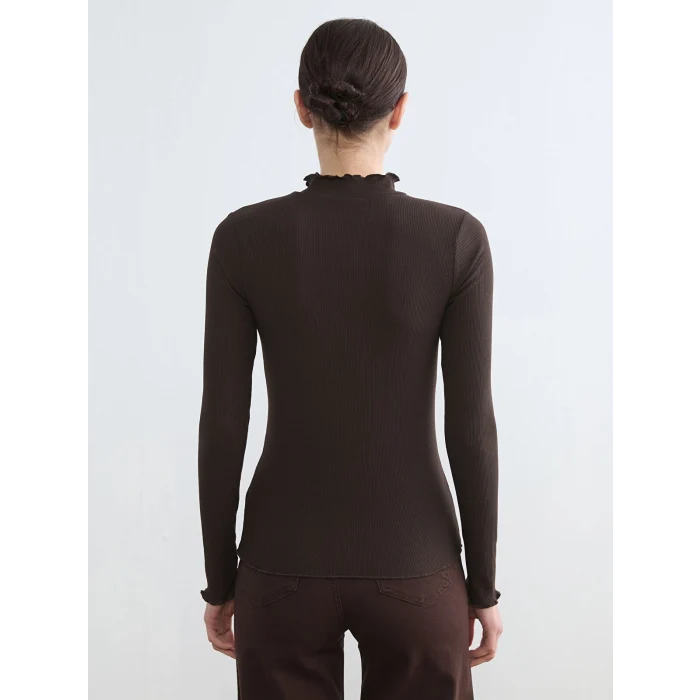 LCW Modest Kahverengi Fırfırlı Dik Yaka Kadın Body