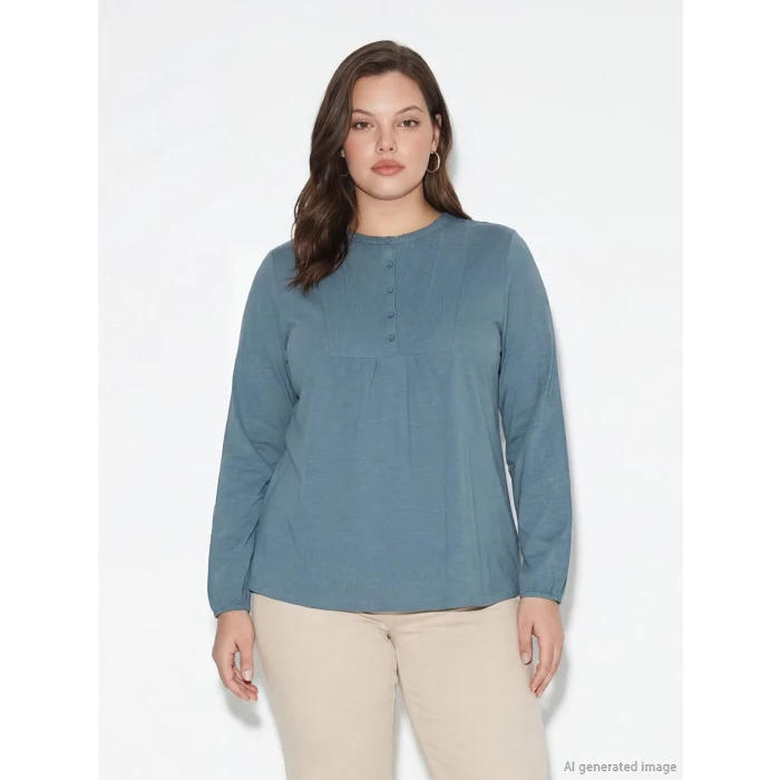 LCW Grace Mavi Bisiklet Yaka Nakışlı Bluz