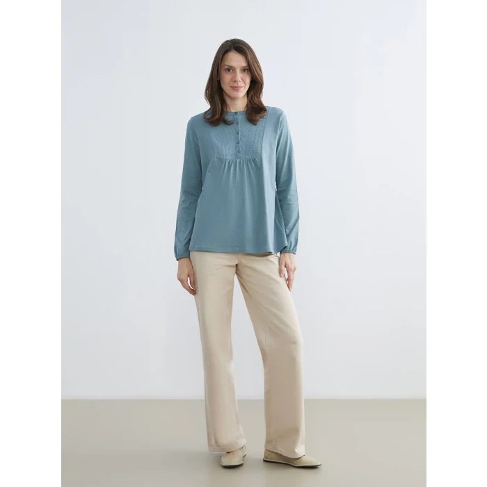 LCW Grace Mavi Bisiklet Yaka Nakışlı Bluz