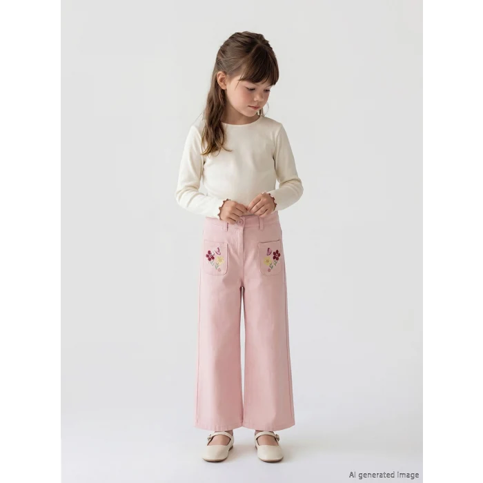 LCW Kids Pembe Beli Lastikli Çiçekli Kız Çocuk Pantolon