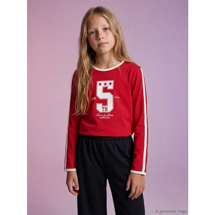 LCW Kids Kırmızı Baskılı Uzun Kollu Kız Çocuk Tişört