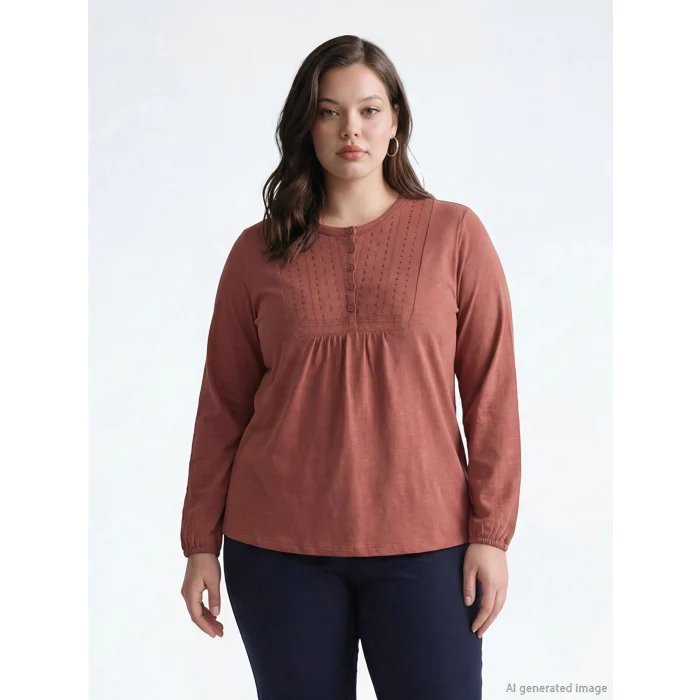 LCW Grace Kahverengi Bisiklet Yaka Nakışlı Bluz