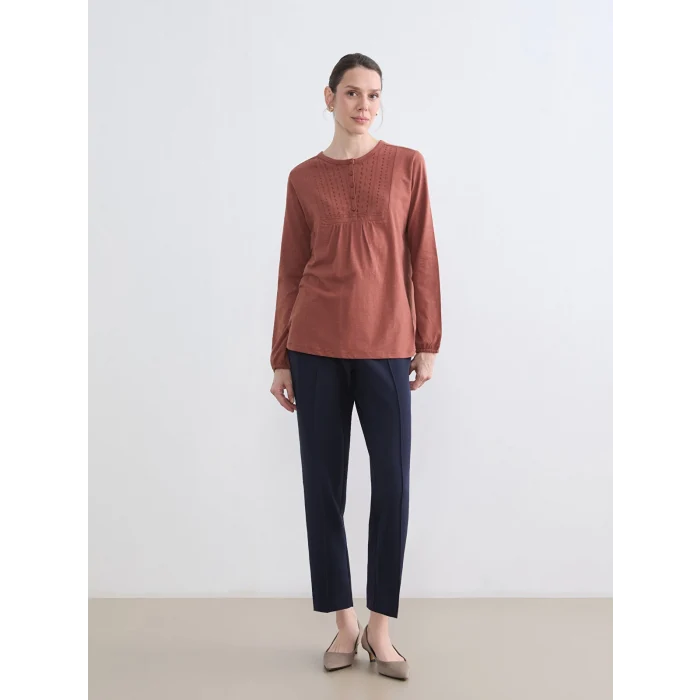 LCW Grace Kahverengi Bisiklet Yaka Nakışlı Bluz