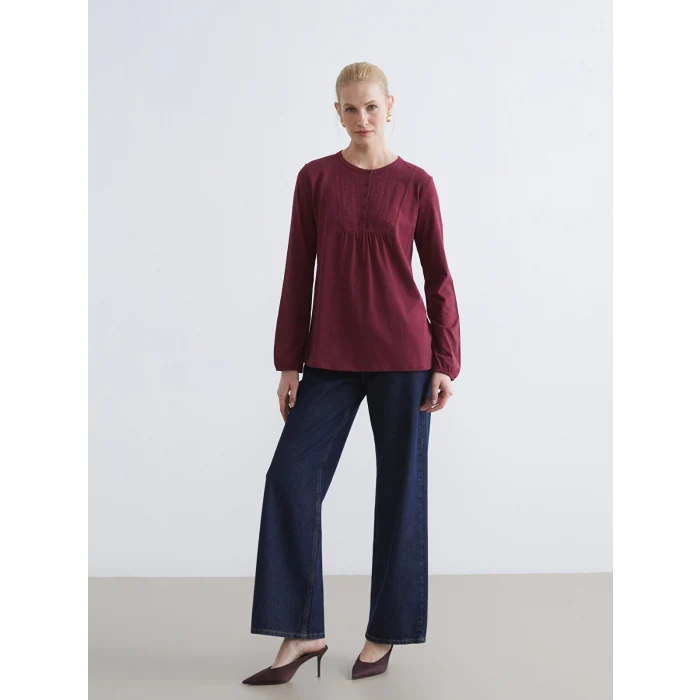 LCW Grace Bordo Bisiklet Yaka Nakışlı Bluz