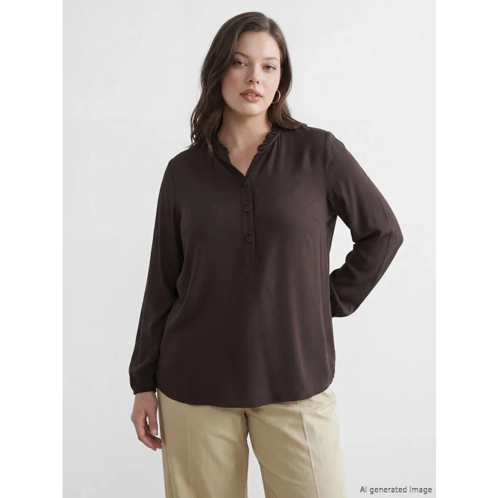 LCW Grace Kahverengi Fırfırlı Kaçık Yaka Bluz