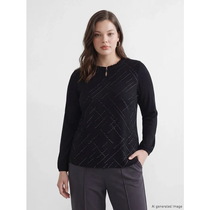 LCW Grace Siyah Bisiklet Yaka Desenli Bluz