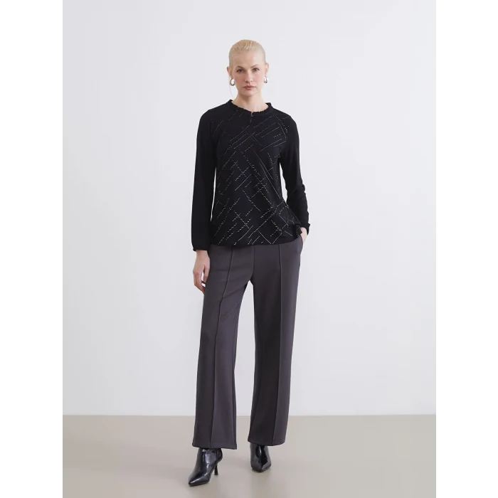 LCW Grace Siyah Bisiklet Yaka Desenli Bluz