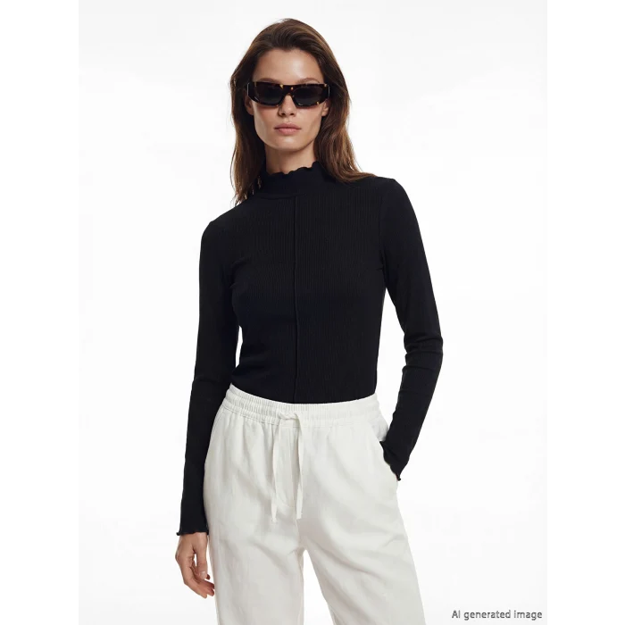 LCW Modest Siyah Fırfırlı Dik Yaka Kadın Body