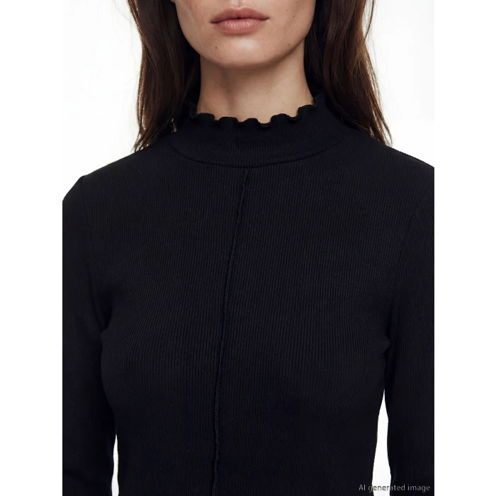 LCW Modest Siyah Fırfırlı Dik Yaka Kadın Body