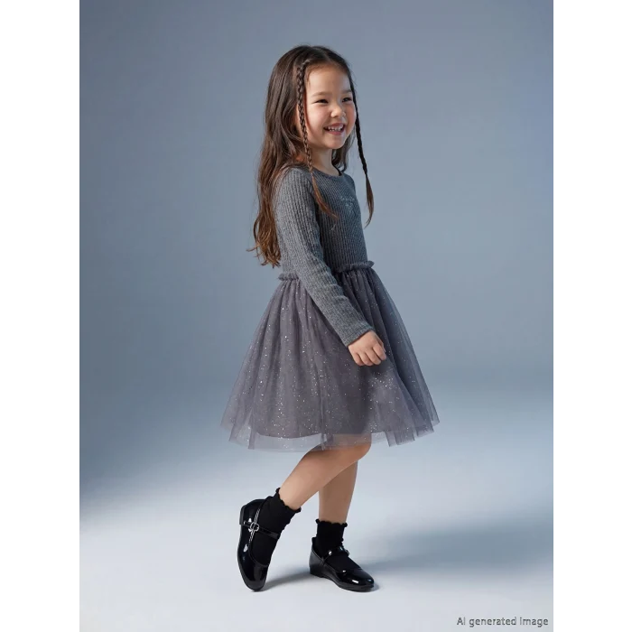 LCW Kids Antrasit Bisiklet Yaka Nakışlı Kız Çocuk Tütü Elbise