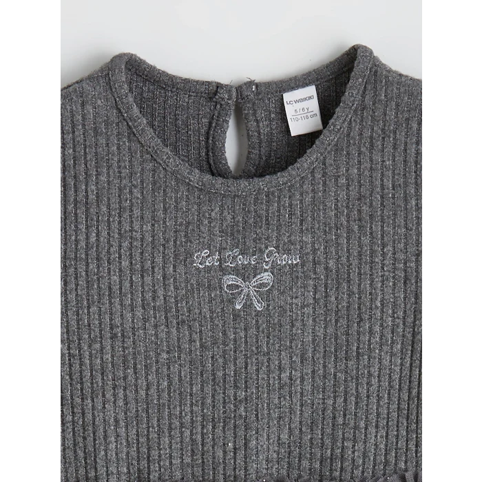 LCW Kids Antrasit Bisiklet Yaka Nakışlı Kız Çocuk Tütü Elbise