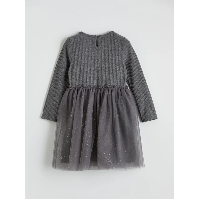 LCW Kids Antrasit Bisiklet Yaka Nakışlı Kız Çocuk Tütü Elbise