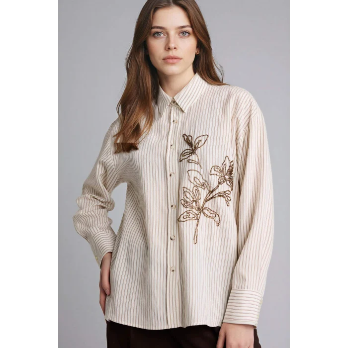 Defacto G9132AXER105 Ekru Relax Fıt Nakışlı Çizgili Gömlek