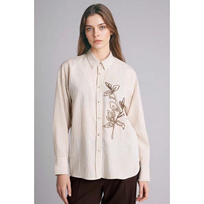 Defacto G9132AXER105 Ekru Relax Fıt Nakışlı Çizgili Gömlek
