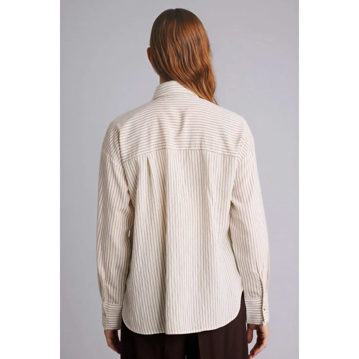 Defacto G9132AXER105 Ekru Relax Fıt Nakışlı Çizgili Gömlek