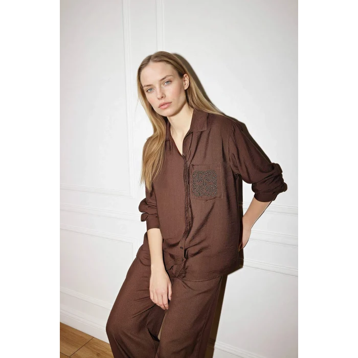 Defacto G9133AXBN539 Kahve Relax Fıt Krinkıl Kumaş Gömlek