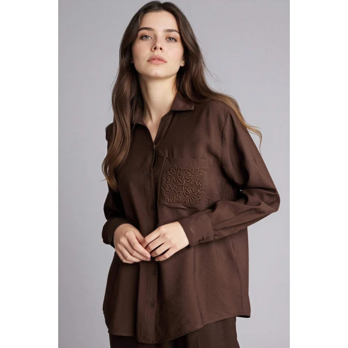 Defacto G9133AXBN539 Kahve Relax Fıt Krinkıl Kumaş Gömlek