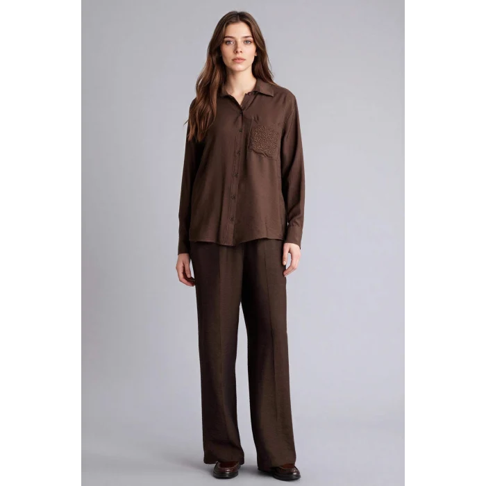 Defacto G9133AXBN539 Kahve Relax Fıt Krinkıl Kumaş Gömlek