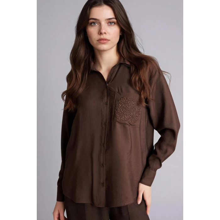 Defacto G9133AXBN539 Kahve Relax Fıt Krinkıl Kumaş Gömlek