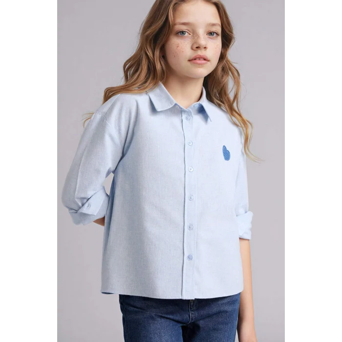 Defacto G6903A8BE789 Mavi Poplin Uzun Kollu Gömlek Kız Çocuk