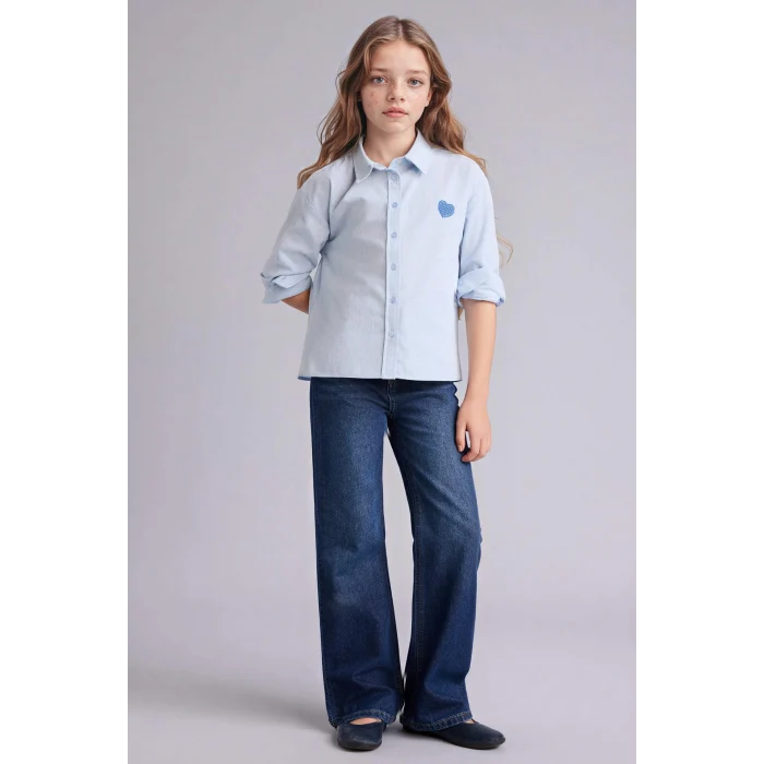 Defacto G6903A8BE789 Mavi Poplin Uzun Kollu Gömlek Kız Çocuk