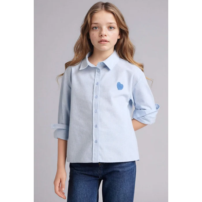 Defacto G6903A8BE789 Mavi Poplin Uzun Kollu Gömlek Kız Çocuk