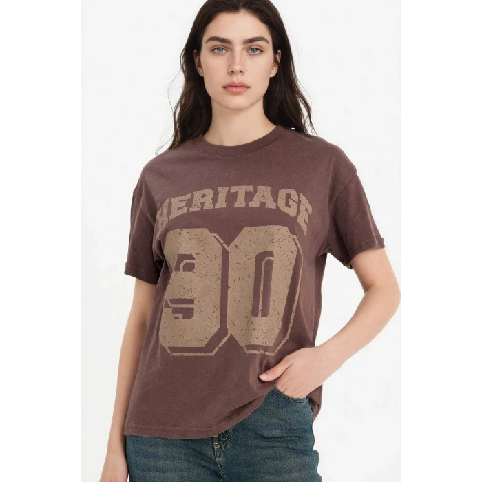 Defacto G8058AXBN340 Kahve %100 Pamuk Oversıze Spor Baskılı Tişört