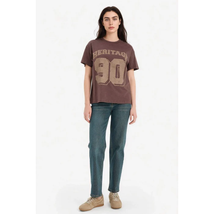 Defacto G8058AXBN340 Kahve %100 Pamuk Oversıze Spor Baskılı Tişört