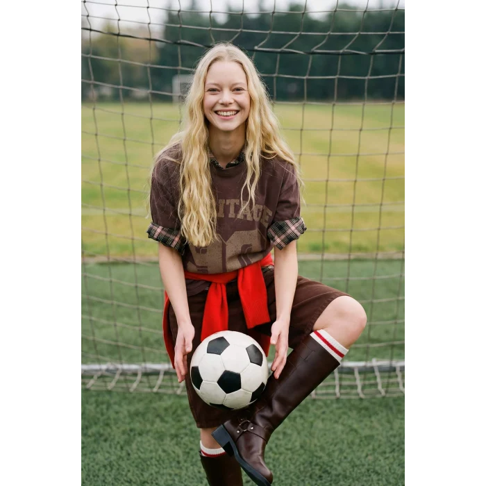 Defacto G8058AXBN340 Kahve %100 Pamuk Oversıze Spor Baskılı Tişört