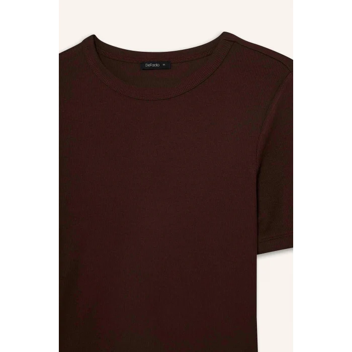 Defacto G8490AXBN320 Kahve Slım Fıt Basıc Fitilli Kaşkorse Tişört