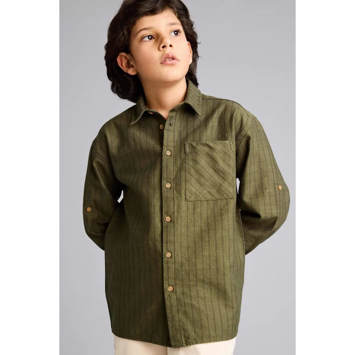 Defacto G6423A8KH461 Haki Oversıze Çizgili Poplin Gömlek Erkek Çocuk