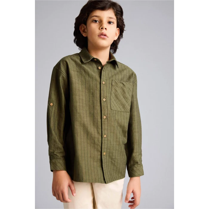 Defacto G6423A8KH461 Haki Oversıze Çizgili Poplin Gömlek Erkek Çocuk