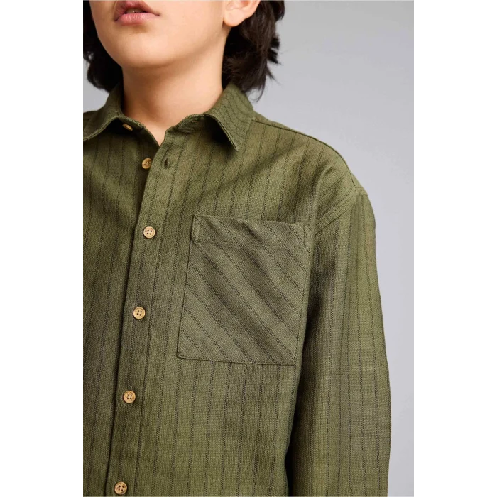 Defacto G6423A8KH461 Haki Oversıze Çizgili Poplin Gömlek Erkek Çocuk
