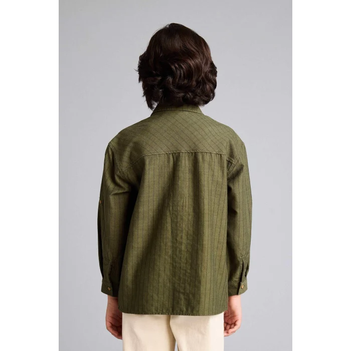 Defacto G6423A8KH461 Haki Oversıze Çizgili Poplin Gömlek Erkek Çocuk