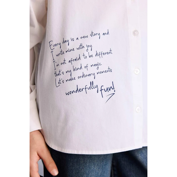 Defacto G6856A8WT34 Beyaz Baskılı Poplin Gömlek Kız Çocuk