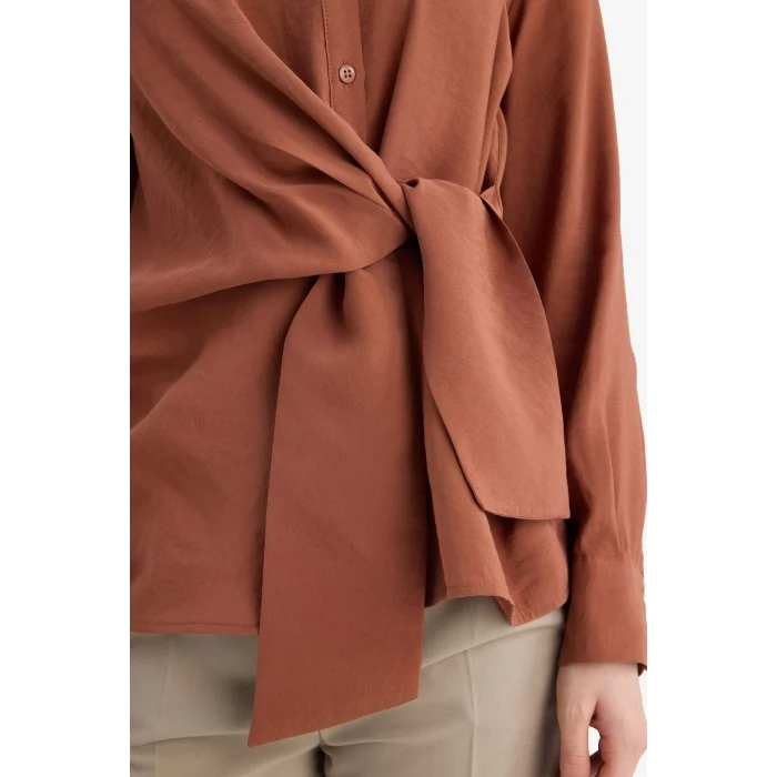 Defacto G9131AXBN312 Kahve Relax Fıt Gömlek Yaka Modal Uzun Kollu Gömlek