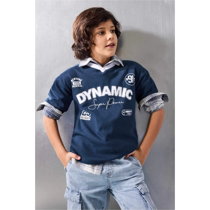Defacto G7473A8NV165 Lacivert Oversıze Baskılı Polo Tişört Erkek Çocuk