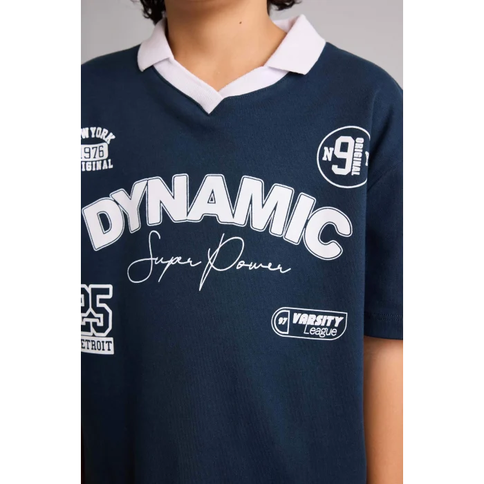 Defacto G7473A8NV165 Lacivert Oversıze Baskılı Polo Tişört Erkek Çocuk