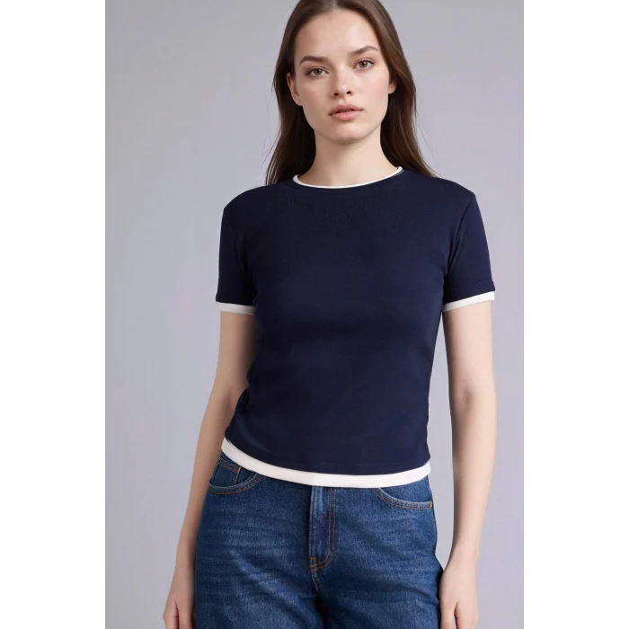 Defacto F3504AXNV245 Lacivert %100 Pamuk Slım Fıt Ribana Tişört