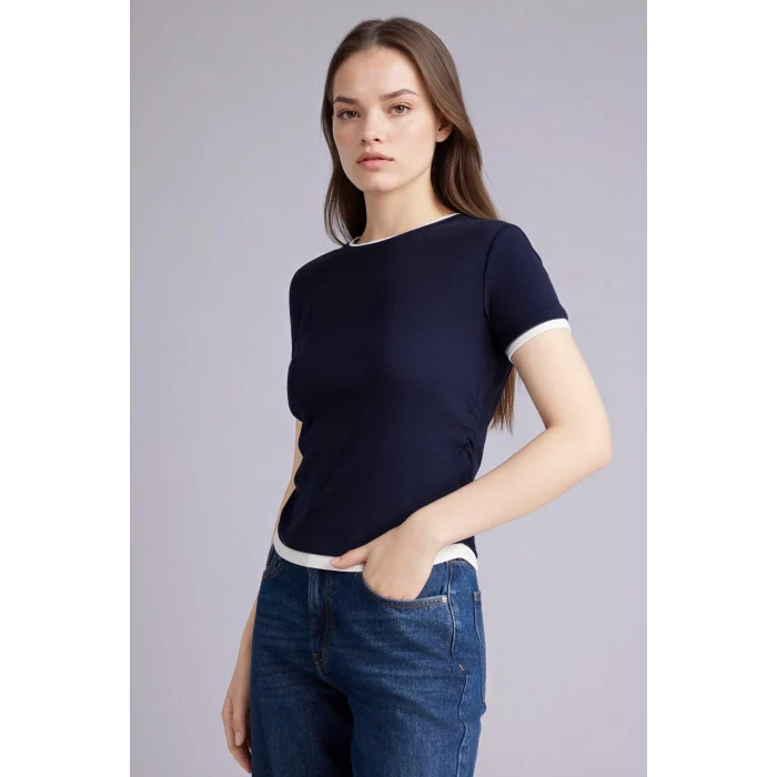 Defacto F3504AXNV245 Lacivert %100 Pamuk Slım Fıt Ribana Tişört