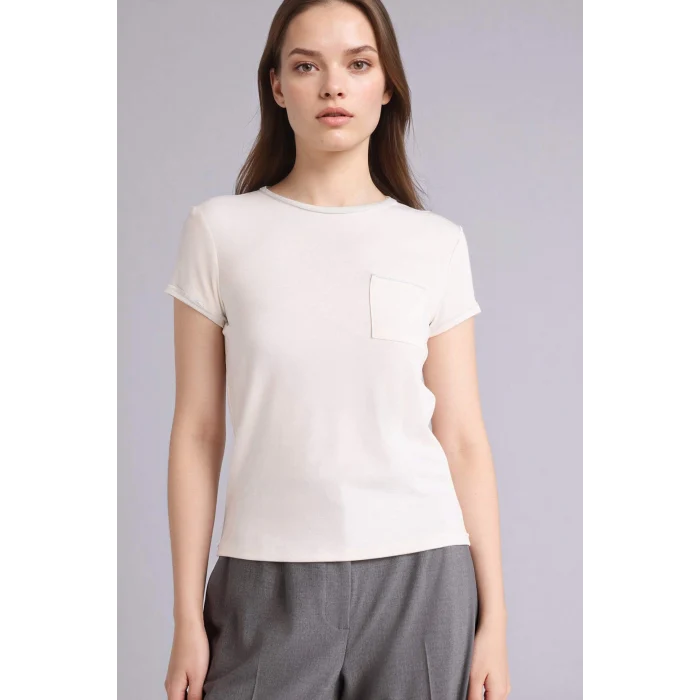 Defacto G9548AXER105 Ekru Slım Fıt Bisiklet Yaka Ribana Kısa Kollu Tişört