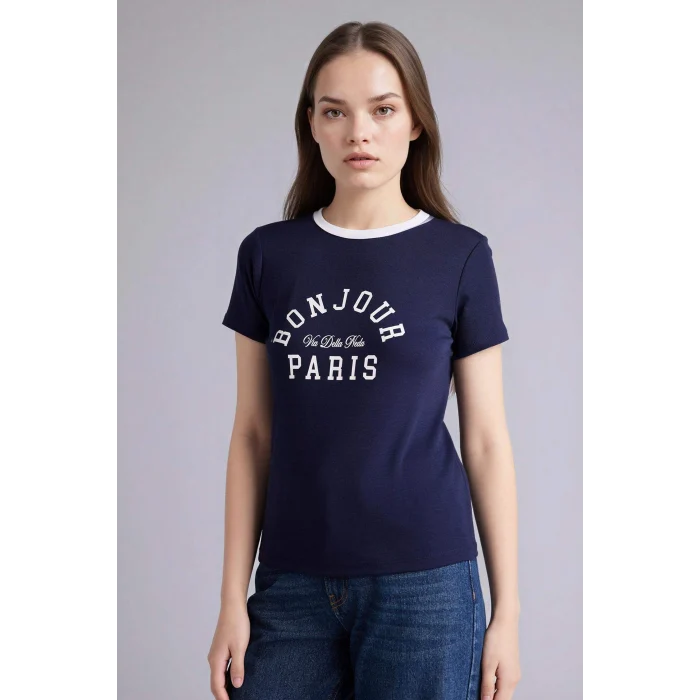 Defacto H1402AXNV251 Lacivert Regular Fıt Bisiklet Yaka Baskılı Ribana Kısa Kollu Tişört