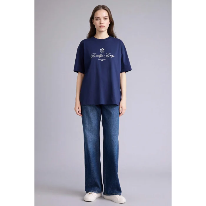 Defacto H1406AXNV251 Lacivert Oversıze Bisiklet Yaka Baskılı Kısa Kollu Tişört