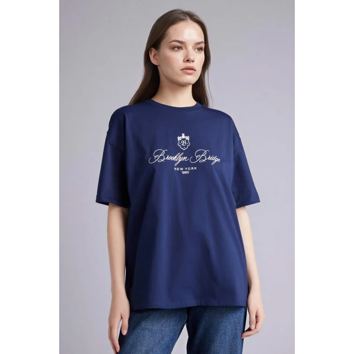 Defacto H1406AXNV251 Lacivert Oversıze Bisiklet Yaka Baskılı Kısa Kollu Tişört