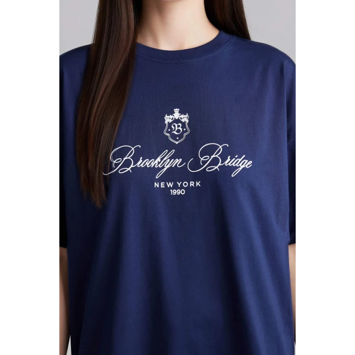 Defacto H1406AXNV251 Lacivert Oversıze Bisiklet Yaka Baskılı Kısa Kollu Tişört