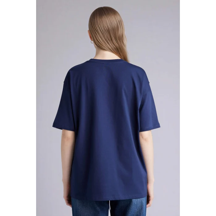 Defacto H1406AXNV251 Lacivert Oversıze Bisiklet Yaka Baskılı Kısa Kollu Tişört