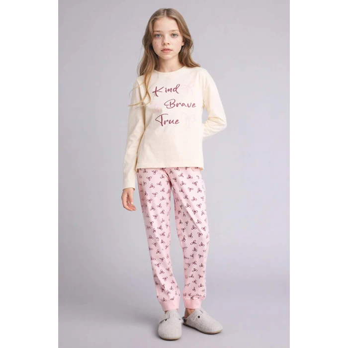 Defacto H0105A8ER233 Ekru 2li Pijama Takımı Kız Çocuk