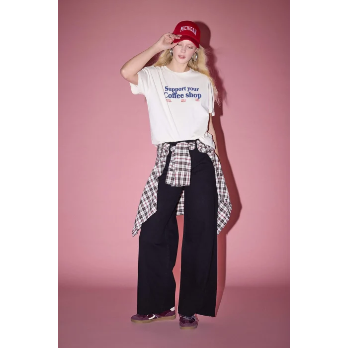 Defacto G2437AXER103 Ekru %100 Pamuk Overshırt Fıt Sırt Baskılı Tişört